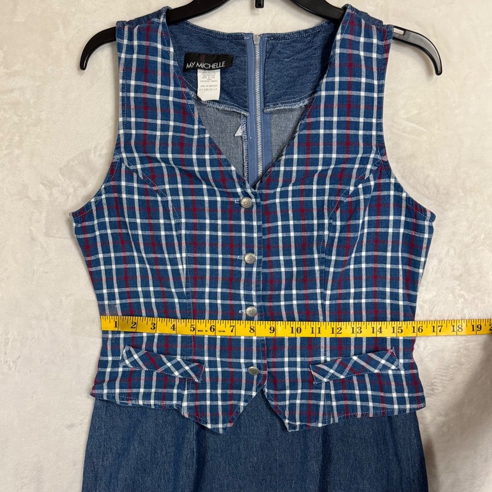 Vintage 90s Plaid Denim Midi Vest Dress Size S Jumper Cottage Teacher Ivy Preppy - Picture 11 of 15